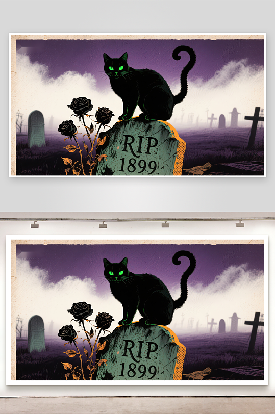 墓碑上的黑猫与玫瑰-众图网