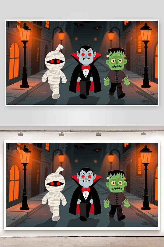 万圣节三角色街头夜景-众图网