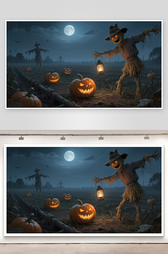 月夜南瓜灯与稻草人-众图网