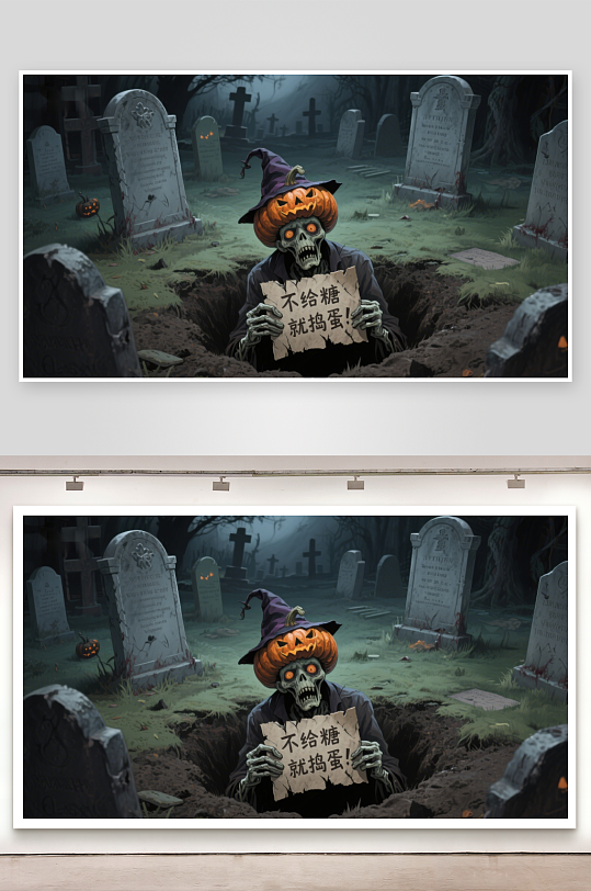 万圣节南瓜骷髅在墓地手持标语-众图网