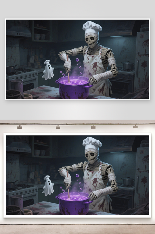 骷髅厨师在厨房烹饪紫色液体-众图网