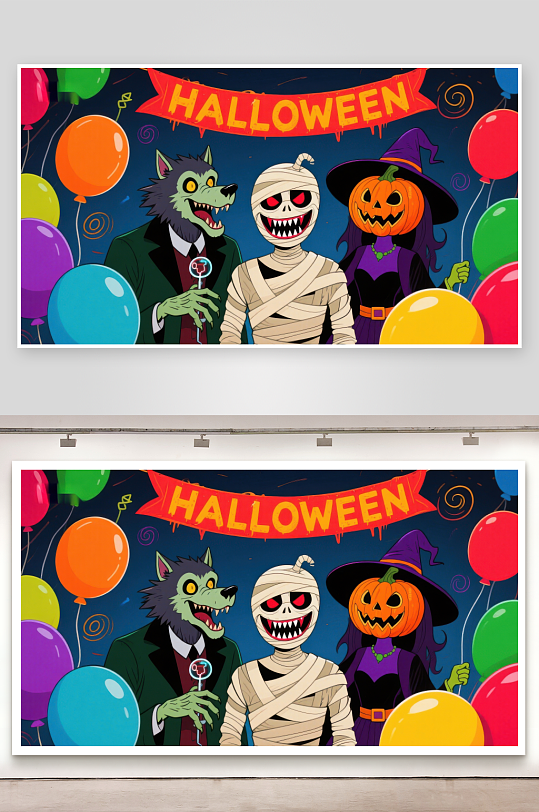 万圣节卡通角色与气球-众图网