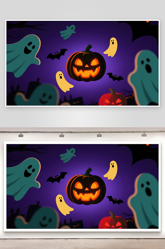 万圣节夜景南瓜灯与幽灵-众图网