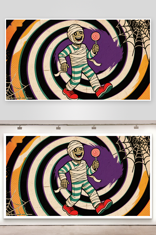 木乃伊手持糖果置身螺旋背景-众图网