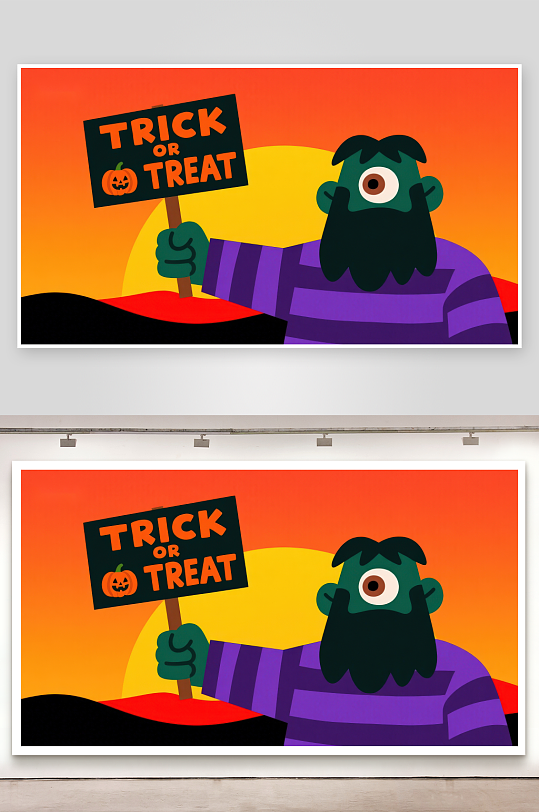 卡通怪物手持不给糖就捣蛋标语-众图网