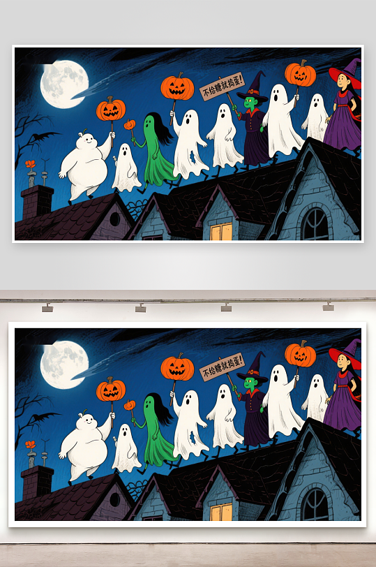 万圣节夜景幽灵与巫师屋顶狂欢-众图网