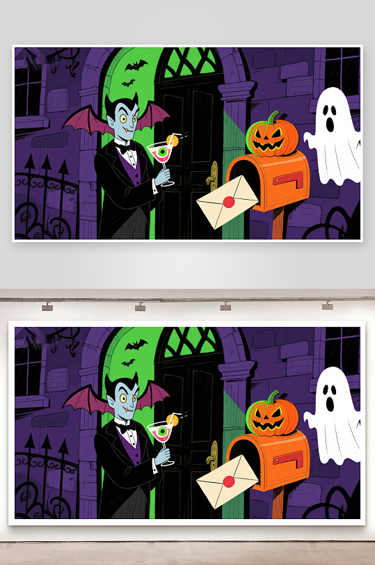 吸血鬼手持鸡尾酒门前南瓜与幽灵-众图网