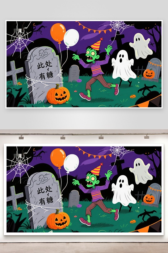 万圣节墓地欢乐场景-众图网