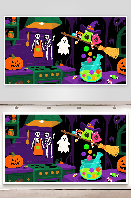 万圣节厨房的欢乐场景-众图网