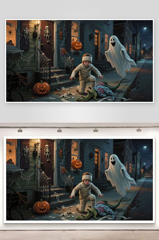 万圣节夜小孩装扮遇鬼魂-众图网