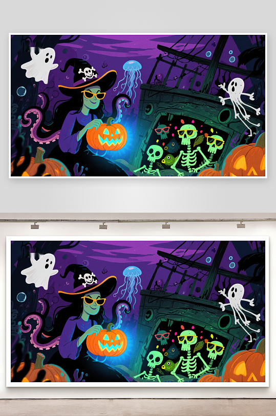 万圣节女巫与骷髅的奇幻夜-众图网