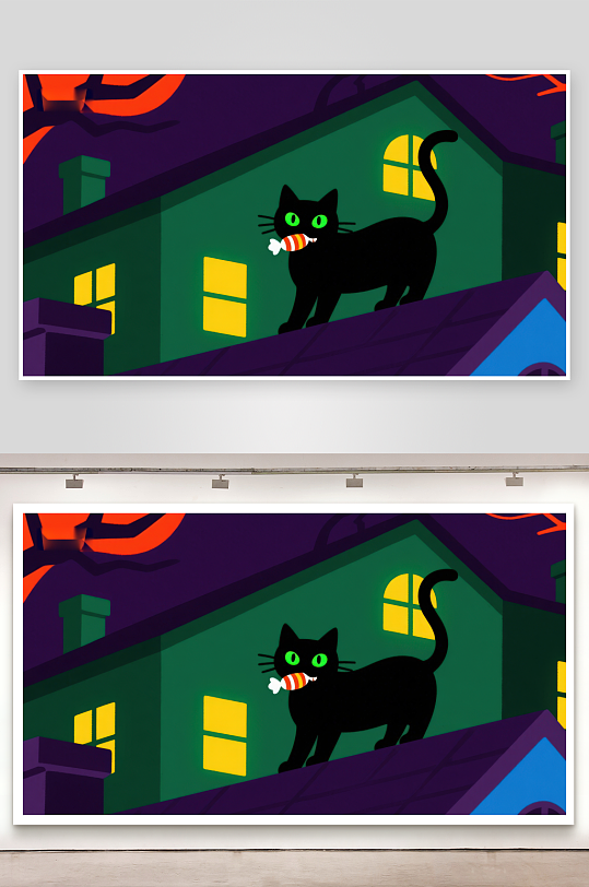 黑猫屋顶叼糖果夜色房屋背景-众图网