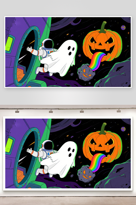 宇航员与南瓜鬼魂在太空的奇幻相遇-众图网