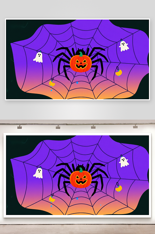 万圣节蜘蛛网中的南瓜灯与幽灵-众图网