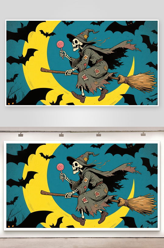 骷髅巫师骑扫帚夜空飞行-众图网