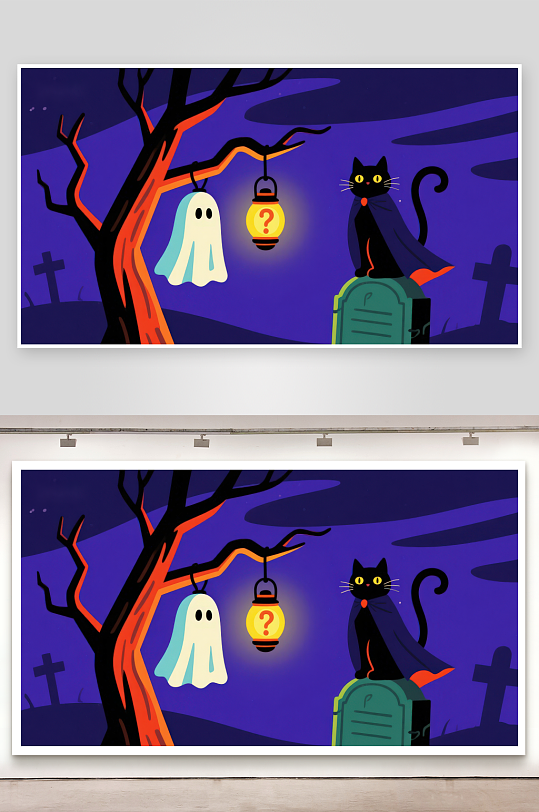 万圣夜猫与幽灵的神秘对话-众图网
