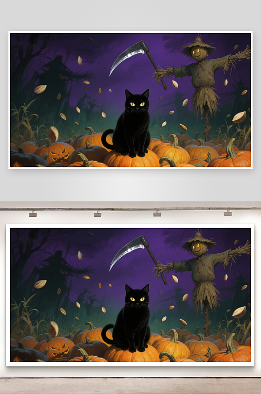 万圣节夜景黑猫与稻草人-众图网