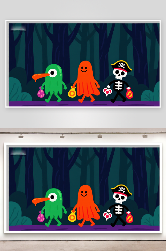 森林中的卡通角色夜行-众图网