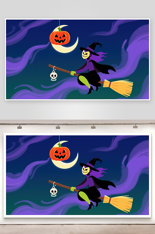 万圣夜巫女骑扫帚飞过月亮-众图网