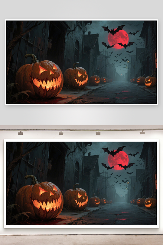 万圣节夜景南瓜灯与蝙蝠-众图网