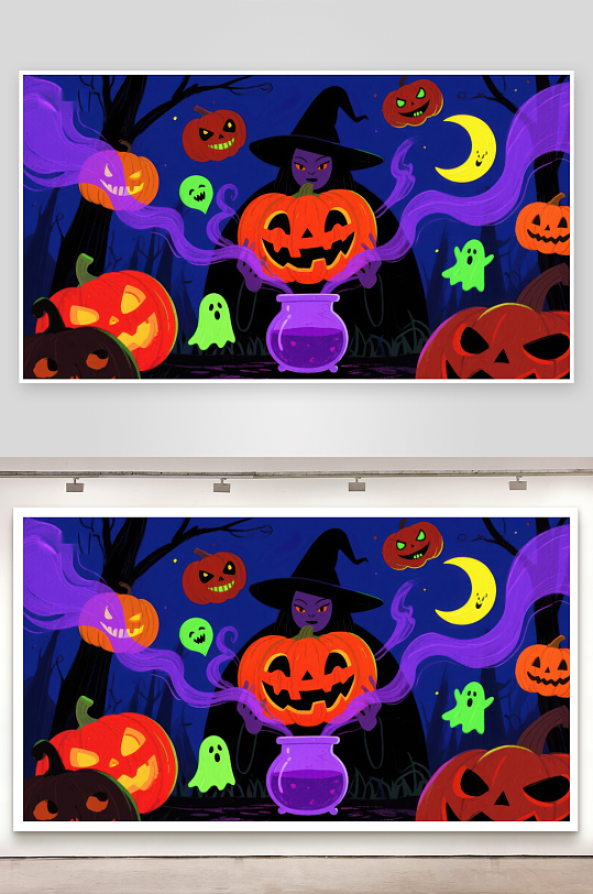 万圣节女巫与南瓜灯的魔法夜-众图网