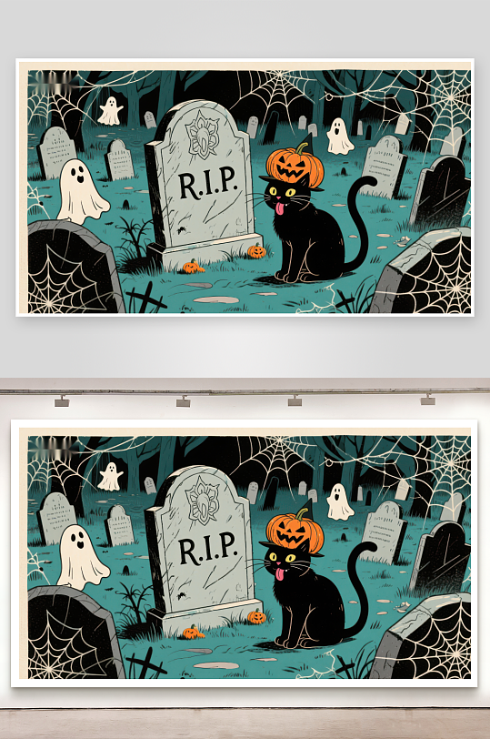 万圣夜墓地中的黑猫与南瓜灯-众图网