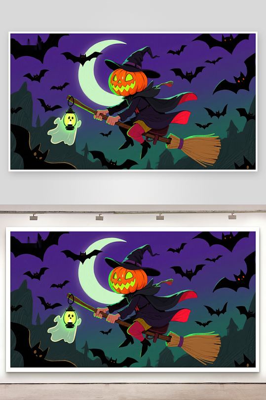 万圣节巫师骑扫帚夜空飞行-众图网