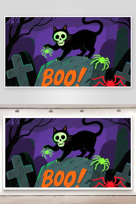 万圣节骷髅猫与墓地-众图网