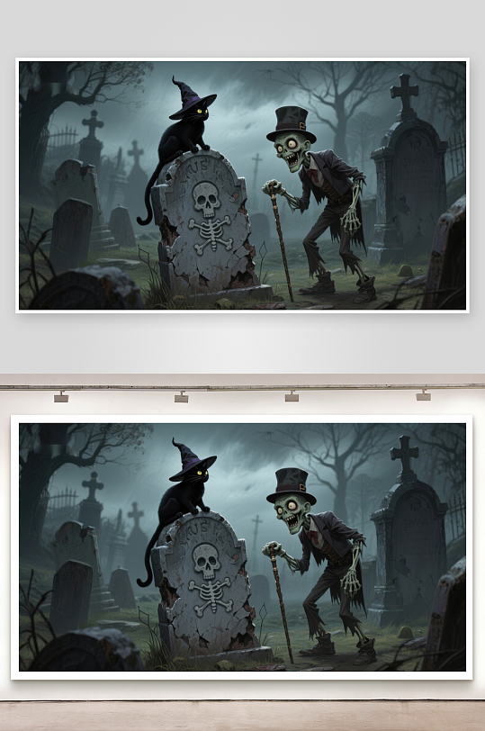 墓地幽灵与黑猫的神秘夜-众图网