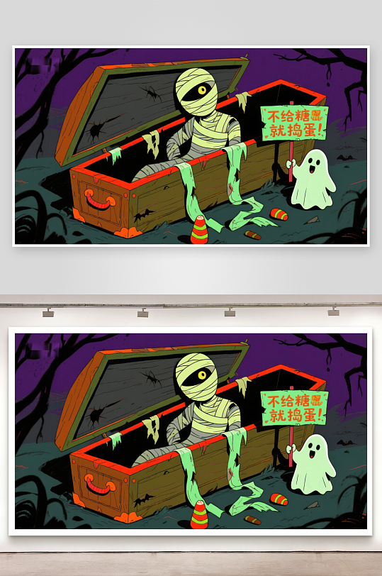 万圣节木乃伊与幽灵的糖果争夺战-众图网