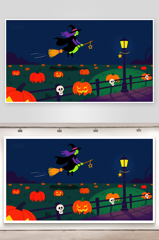 万圣夜巫女飞过南瓜灯田野-众图网