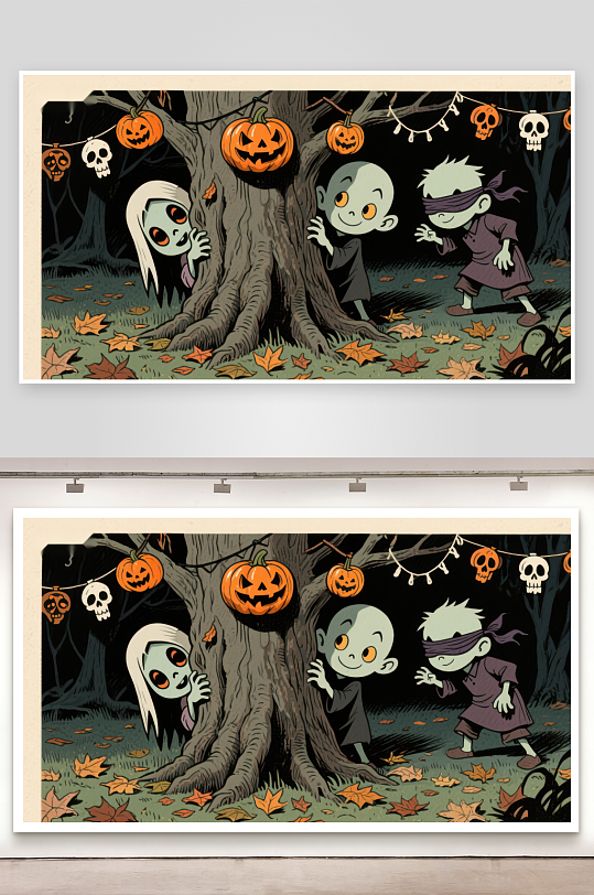 万圣节夜下的树旁鬼魂与南瓜灯-众图网