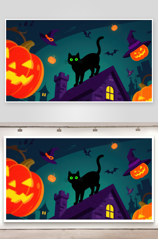 万圣夜黑猫屋顶南瓜灯-众图网