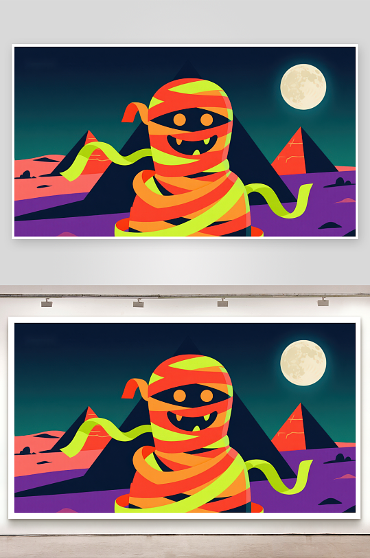 万圣节木乃伊在金字塔前的夜景-众图网