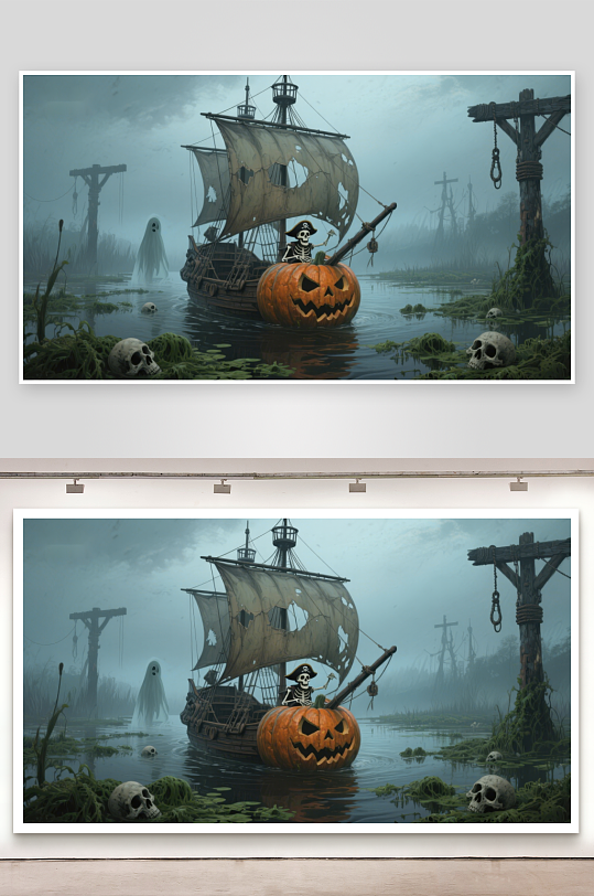 幽灵船与南瓜灯的神秘沼泽-众图网