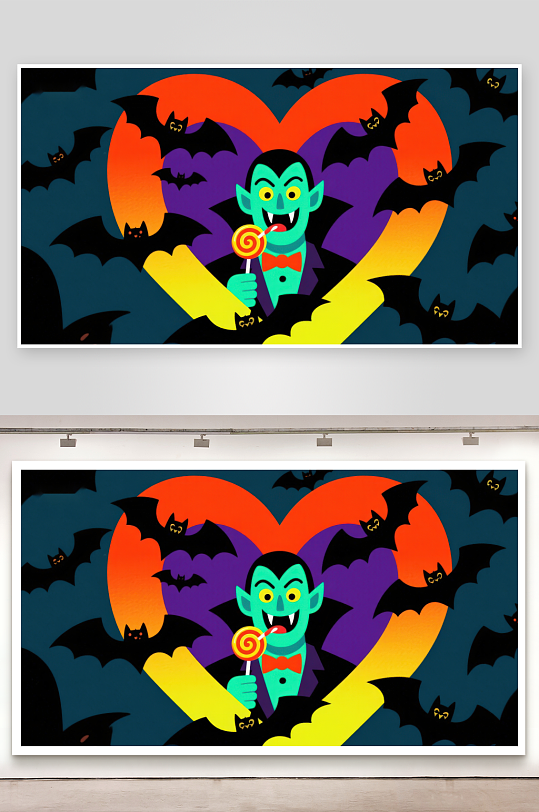 吸血鬼手持糖果背景心形与蝙蝠-众图网