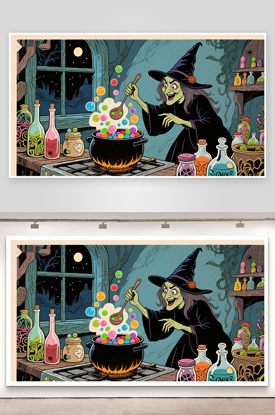 女巫夜晚炼制药水-众图网