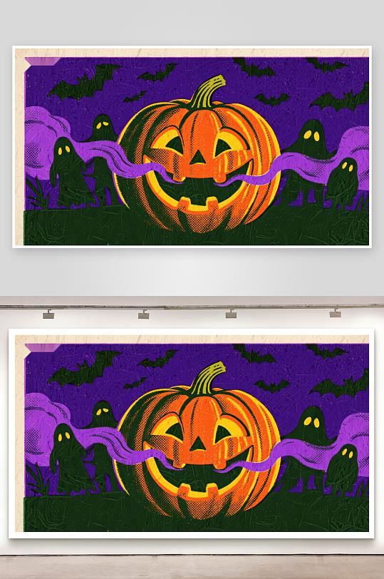 万圣节南瓜与幽灵的神秘夜景-众图网