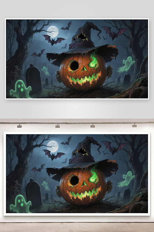 万圣节南瓜灯与幽灵的神秘夜景-众图网