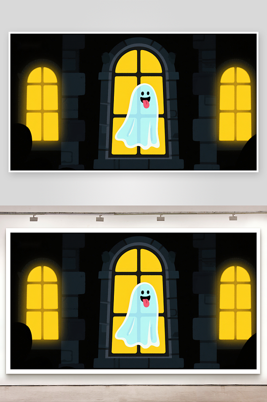 夜幕下的城堡窗户中漂浮的幽灵-众图网