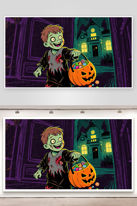 万圣节僵尸儿童提着糖果篮-众图网