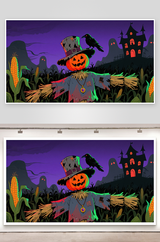 万圣节南瓜灯稻草人夜景-众图网