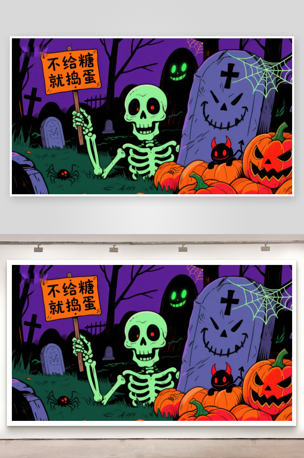万圣节骷髅手持标语墓地南瓜灯夜景素材
