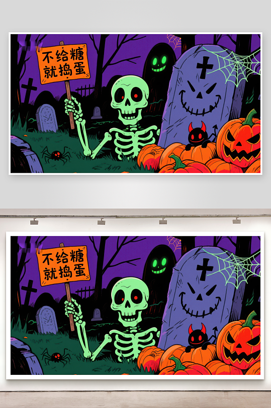 万圣节骷髅手持标语墓地南瓜灯夜景-众图网