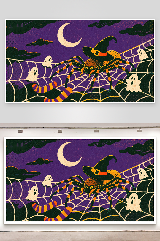 万圣节蜘蛛网中的幽灵与月亮-众图网