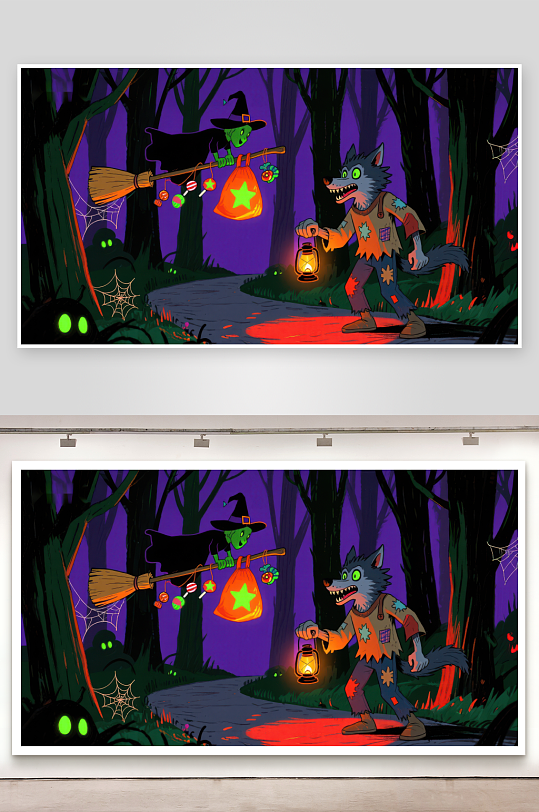 万圣节森林中的巫婆与狼人-众图网