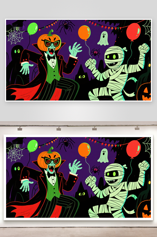 万圣节派对中的南瓜头与木乃伊-众图网