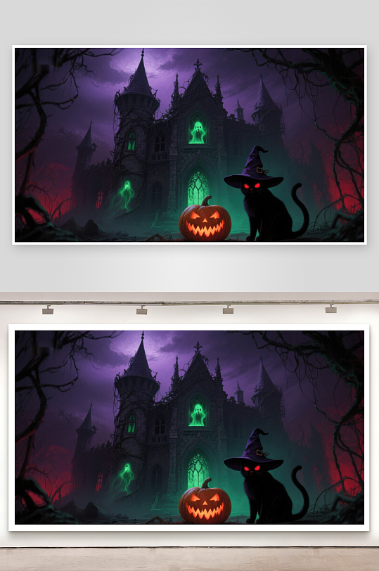 万圣夜幽灵城堡与南瓜猫-众图网