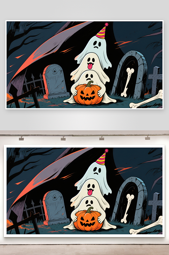 万圣节夜鬼魂与南瓜灯的欢乐场景-众图网