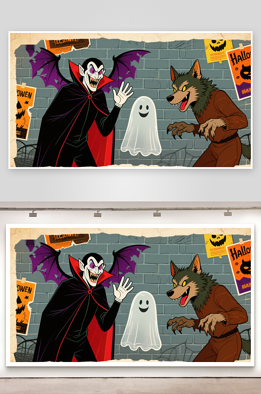 万圣节主题插画吸血鬼狼人与幽灵-众图网